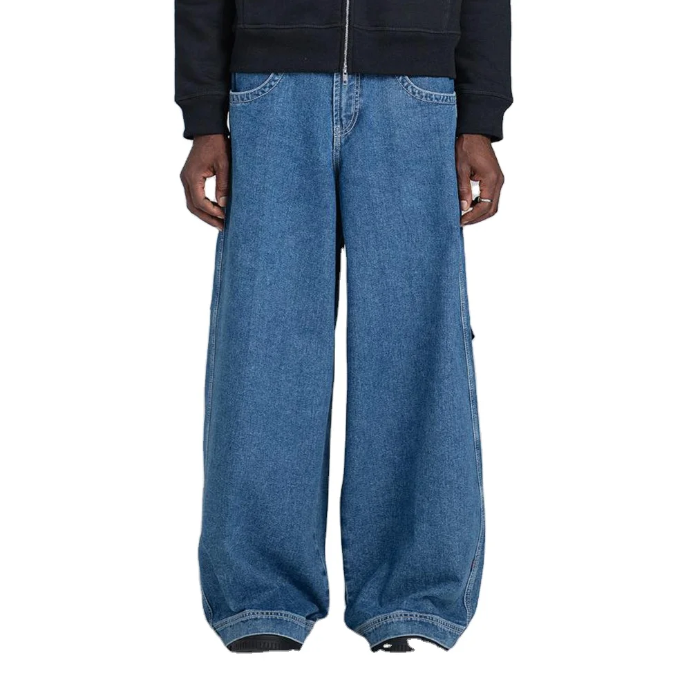 100% Cotton Custom Mens Dark Stone Washed Blue Large Pocket Baggy Jeans Thick Double Contrast Line Extra long Trendy Street Pant