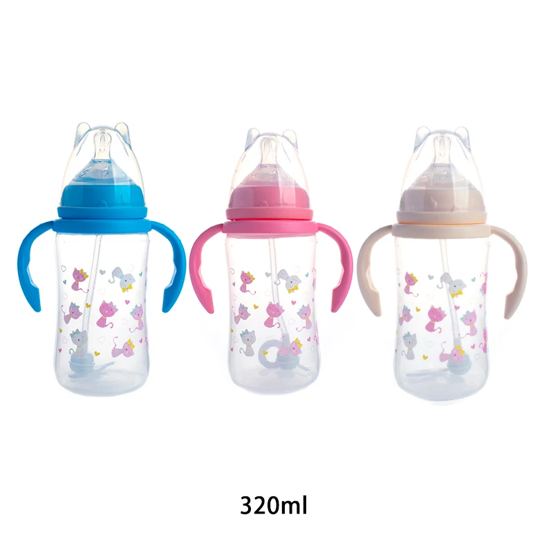 Food Grade 320ml Anti Drop Baby Nursing Bottle Bpa Free Cartoon Infant Feeding Bottle With Handle