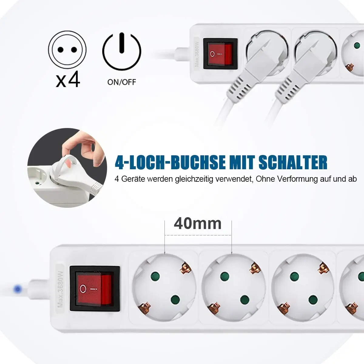 4-way  extension socket power strip with switch and child safety lock, 1.5M 3X1.5mm2 cable, 16A, 3680W, multiple plug