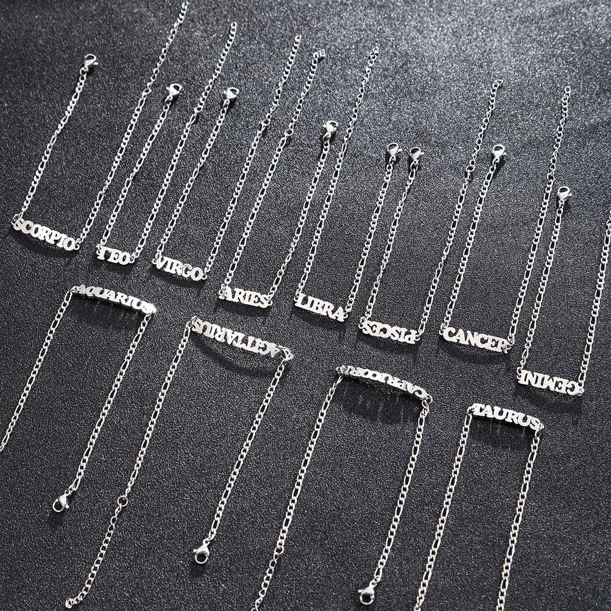 Hot Sale Stainless Steel 18K Gold Plated Zodiac Sign Bracelet Nk Chain Twelve Zodiac Bracelet English Letter Pendant Bracelet