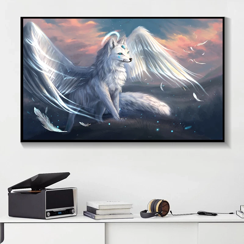 Abstract Animals White Snow Wolf with Wings Canvas Paintings Wall Art Posters and Prints Pictures for Living Room Decor No Frame