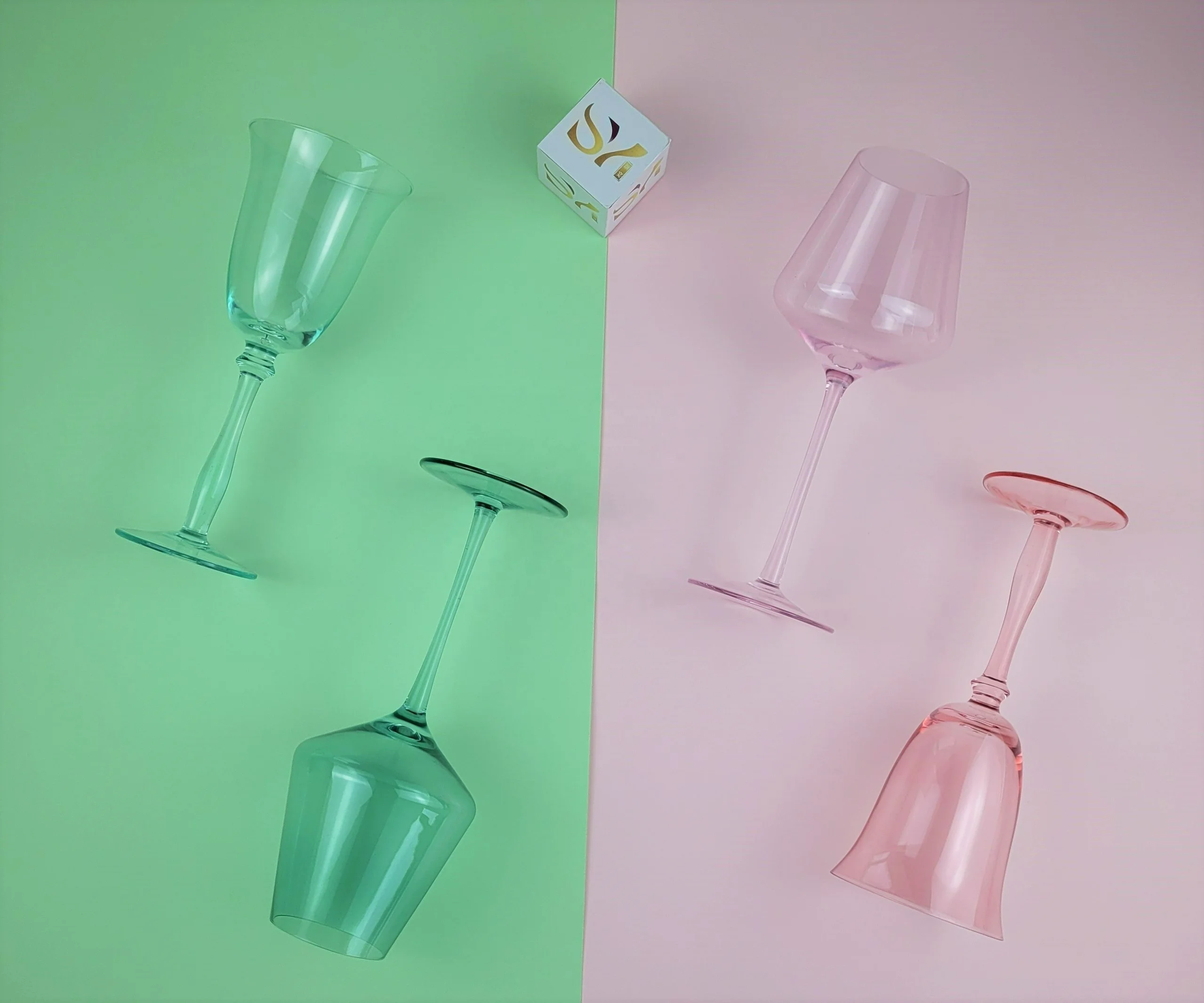 Cyan color slanted soda lime wine glass crystal hand cut goblets
