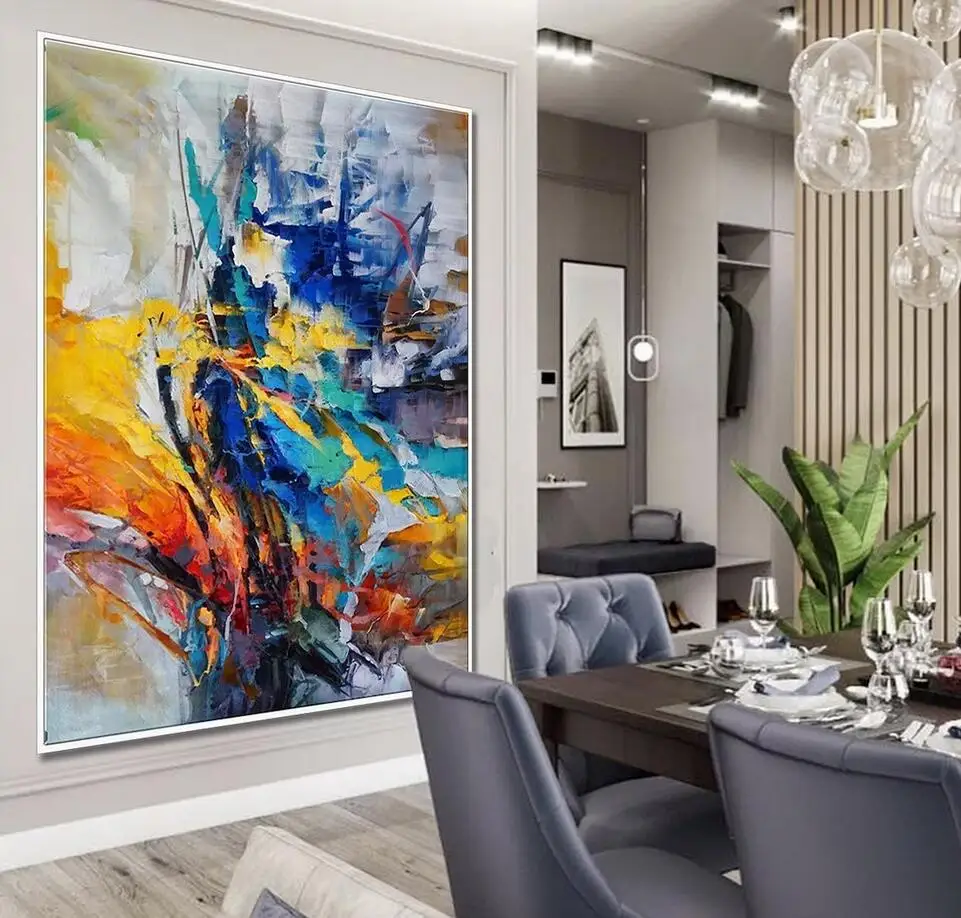Extra Large Bright Color Brush Stroke Oversize Vertical Oil Painting On Canvas Modern Contemporary Colorful Wall Art