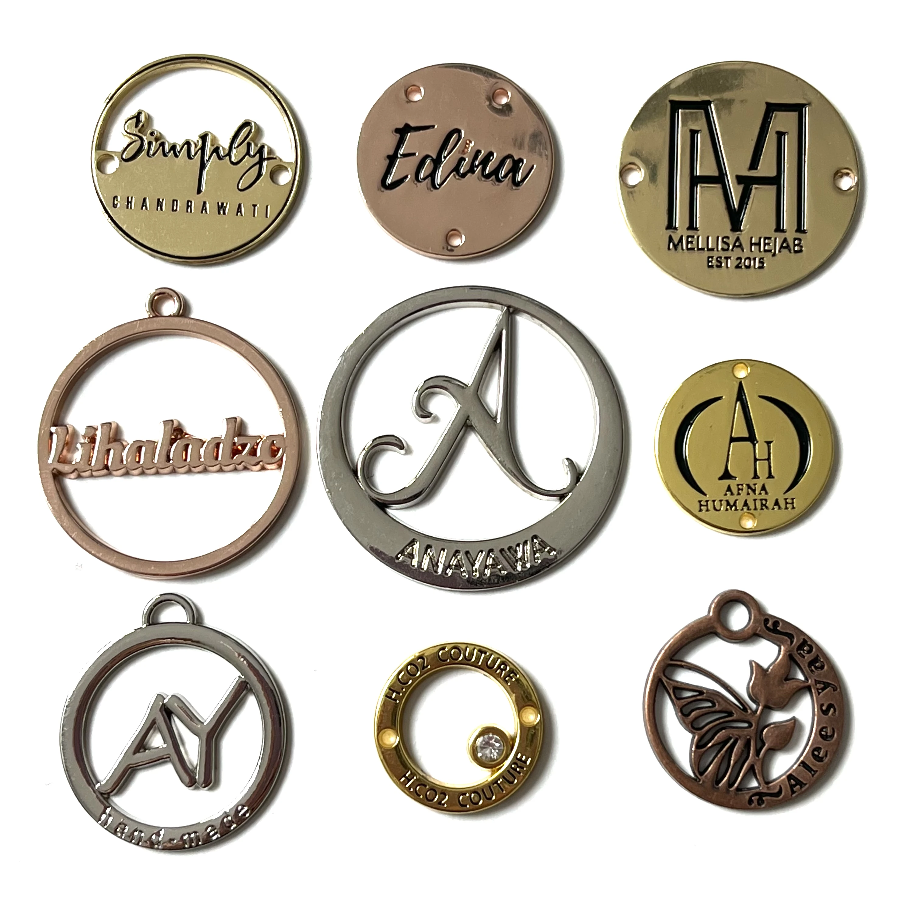 Fashion design engraved brand name custom metal logo labels tag for clothing