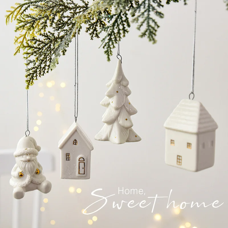 Nordic Christmas Decorative Crafts Ceramic Mini Snow House Pendant Christmas House Christmas Gift