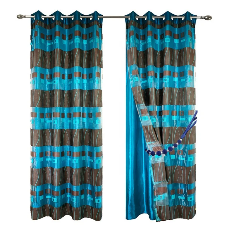 Ready Made Fashion Double Layer Luxury Printed Living Room Polyester Design Blackout Curtain Blue Stripe Window Curtain