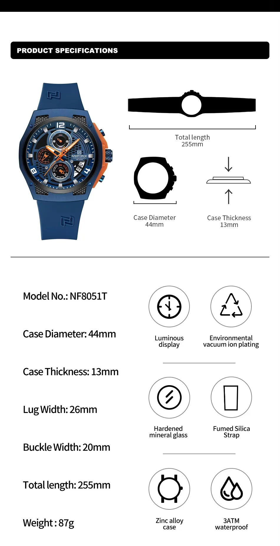NEW NAVIFORCE NF8051T Mens Casual Sport Wristwatch Chronograph Luxury Silicone Men Watch Auto Date Quartz Waterproof Watches