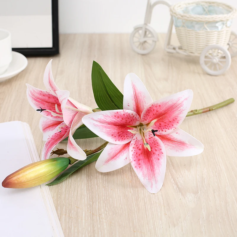 H168 wholesale artificial 3 flowers lily plastic lilium bouquet for decoration