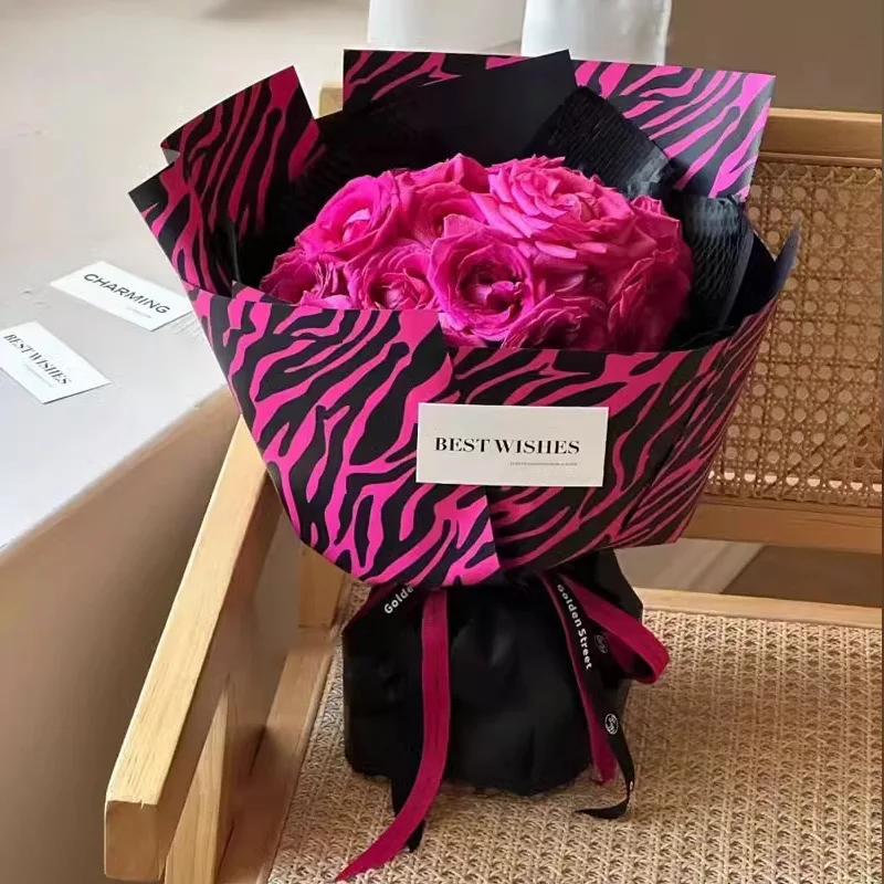 Flower bouquet packaging paper zebra pattern wrapping flower line graphic and text paper waterproof flower shop materials