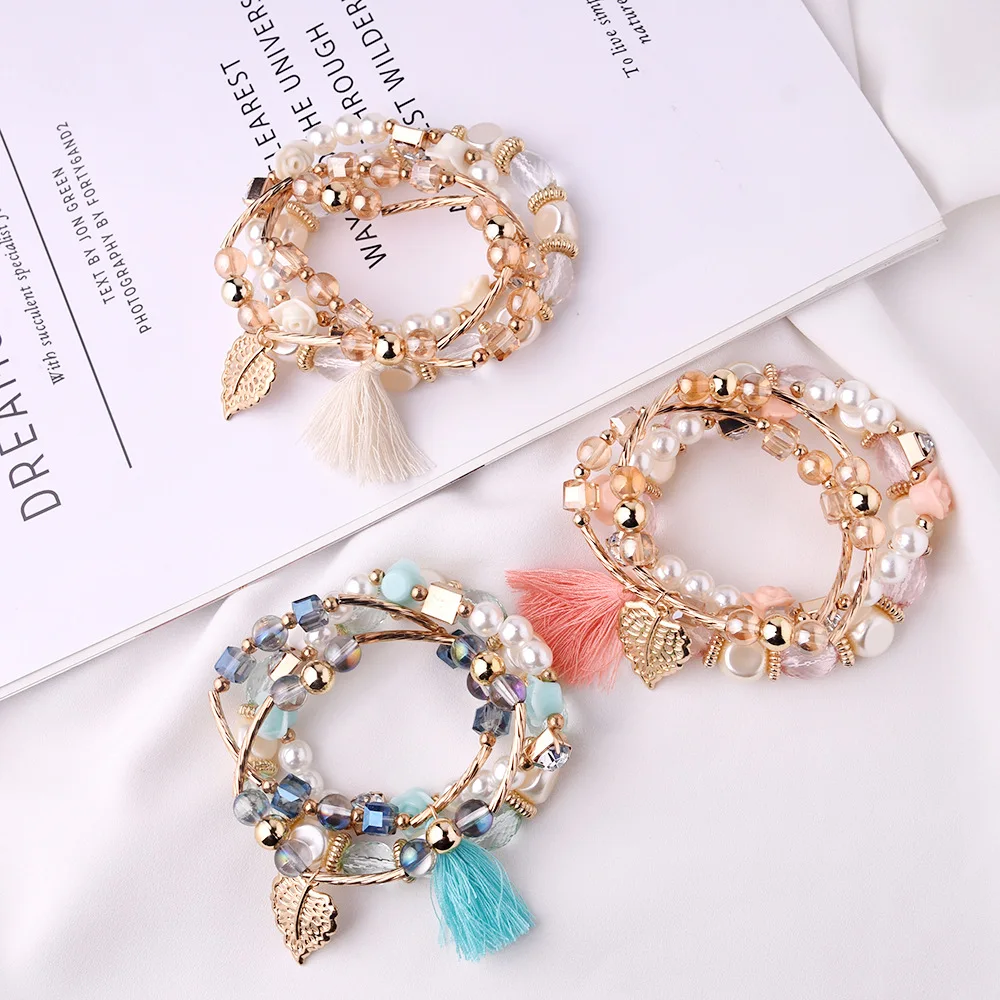 Top Fashion Europe and the United States Crystal Multi-layer Pearl Bracelet Glass Alloy Temperament Fringe