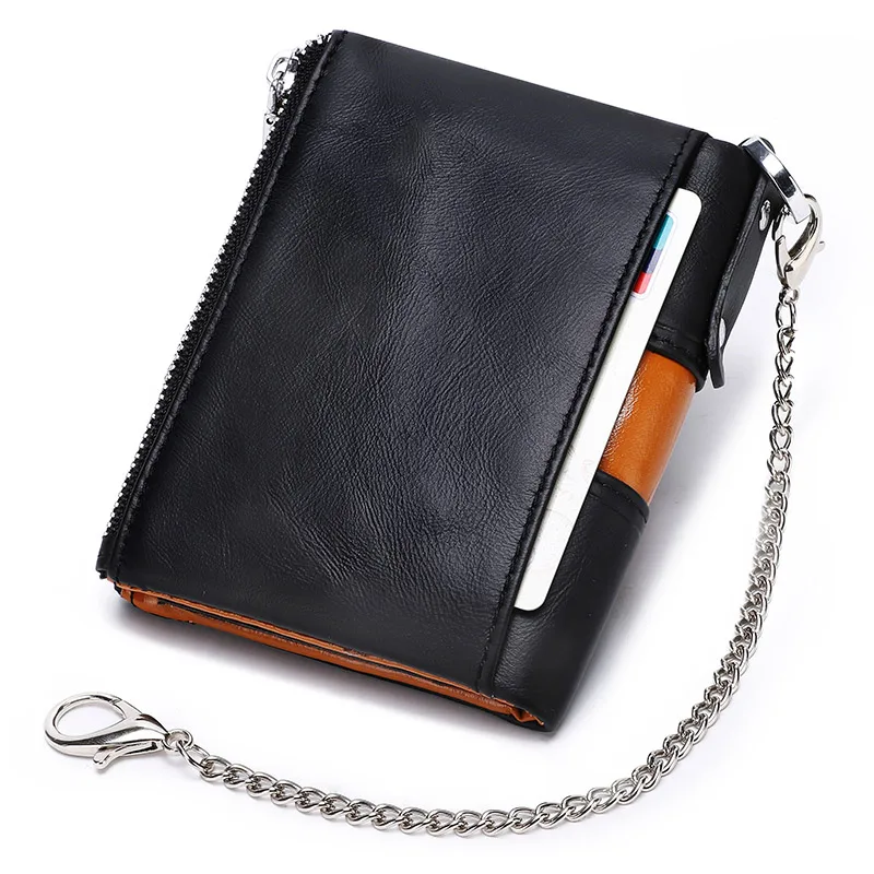 Cow Leather Color Contrast Card Wallets Purse Mini Leather Vintage Male Bag With Zip Key Chain Short Wallet Man