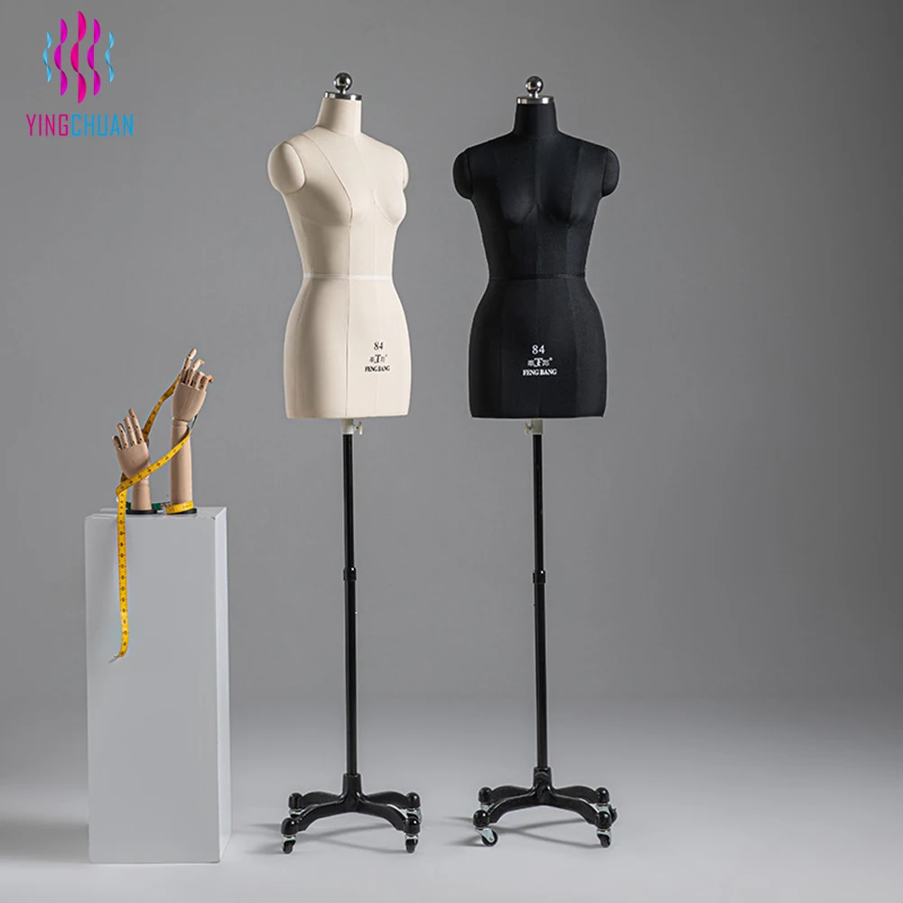 Pinable Mannequin Display Fabric Wrapped Female Bust Dress Form Mannequin Dressmakers Mannequin with Wheel Base