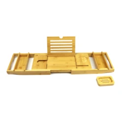 New Design Wood Bamboo Luxury Bathtub Caddy Bamboo Bath Tub Tray with Extending Sides Shower Organizer