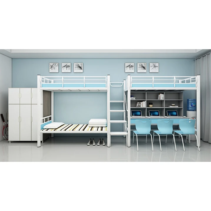 school furniture customized 3 persons student metal adult bunk bed with cabinet wardrobe desk metal wood apartment full loft bed