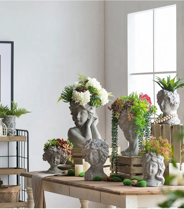 Wholesale Home Garden Retro Style Human Face Flowerpot Antique Design Handicarfs Plant Polyresin Figurines Bonsia For Sale