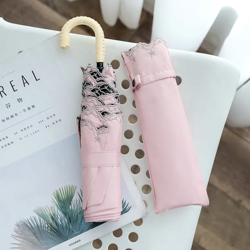 Super Lightweight Vintage Lace Flower Embroidery Folding UV Coated Umbrella with Custom Logo Curved Handle Three Foldable Colors