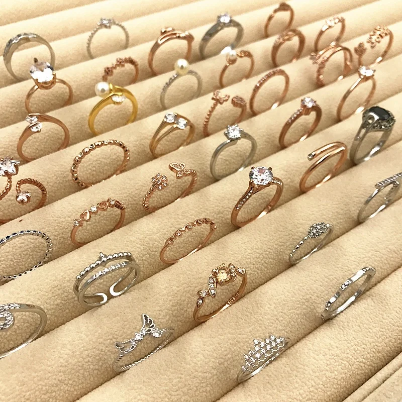 PUSHI Korean Accessories 2022 18k Real Gold Plated Long Lasting Color Retention Thin Chain Ring Rhinestone Sets