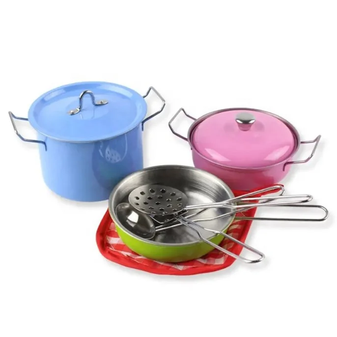 Children Chef Role Pretend Play Cooking Set Miniature Metal Pots Pans Stainless Steel Cookware Kitchen Toy