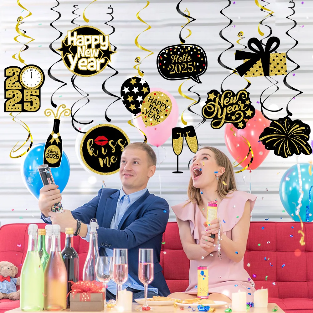 Happy New Year Party Hanging Decorations Hello 2025 Black Gold PVC for New Year Eve Party Supplies