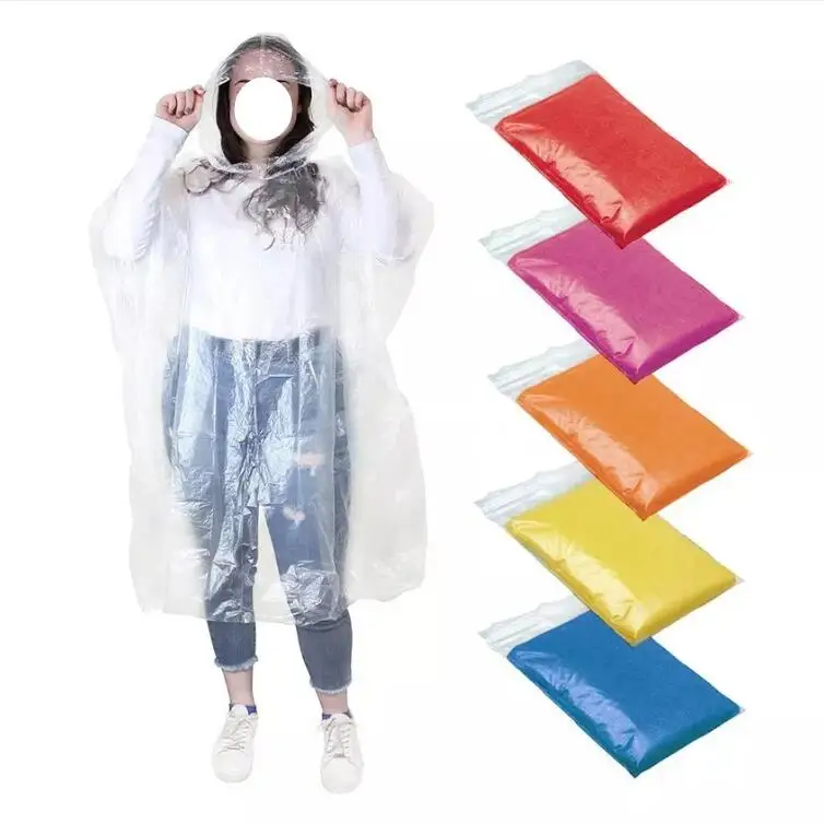 Custom logo plastic pocket clear disposable & reusable waterproof rain wear transparent raincoat PE poncho for adults