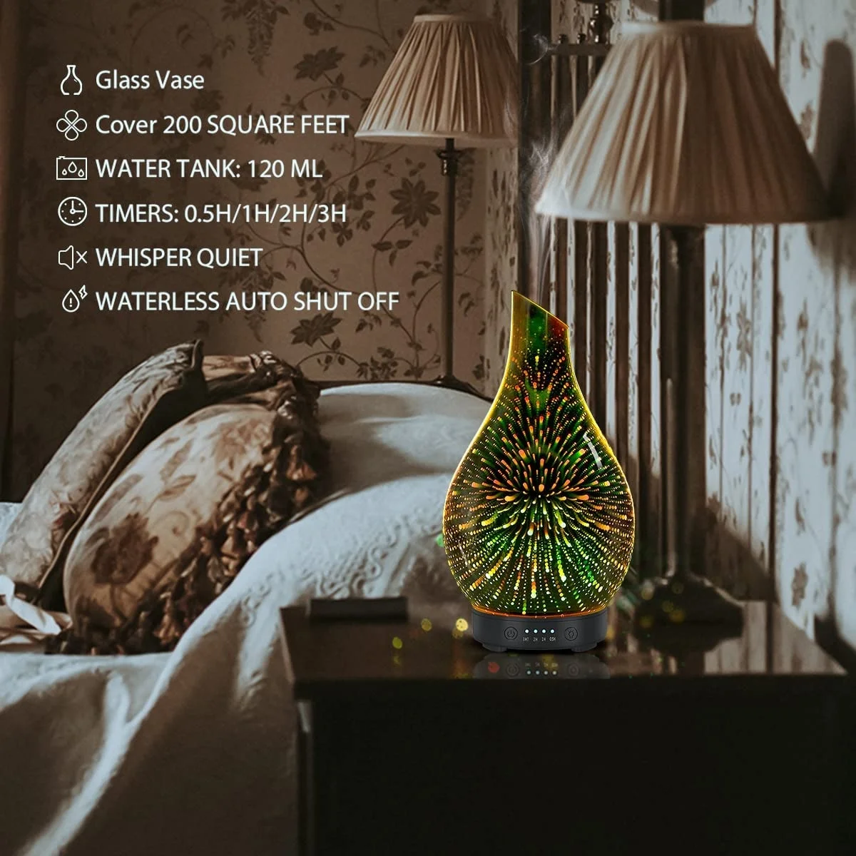3D Firework Essential Oil Diffuser 7 Colors LED Lights Changing, 120ml Glass Aromatherapy Ultrasonic Humidifier Decorative Lamp