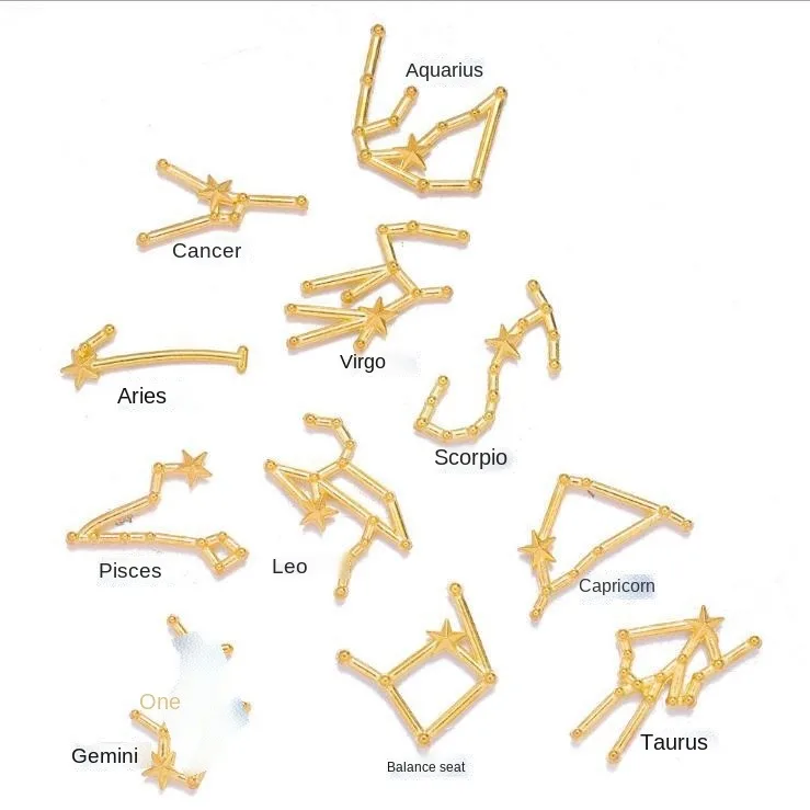 High Quality 12pcs/set English Letter Press On Tips Constellation Symbols Gold Silver Metal Charms Kit For Nails horosecopes