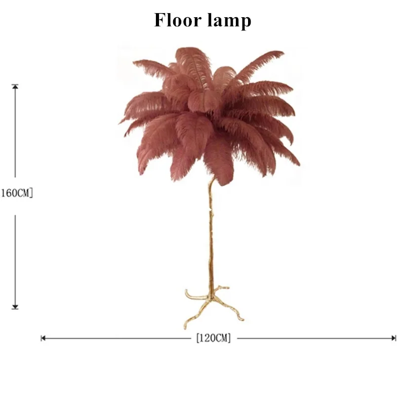 Dropshipping Modern Luxury Palm Tree Shape Copper Stand Ostrich Feather Floor Lamp for Home Decoration