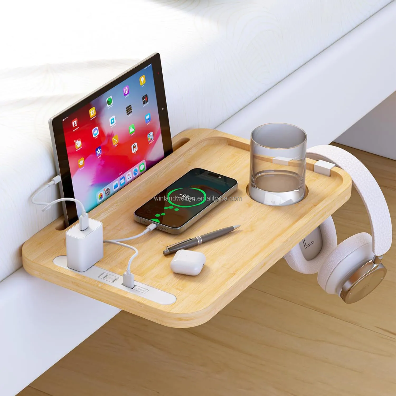 Hot sales Bamboo Bedroom Headboard Shelf  Bed Shelf Organiser Bed Table