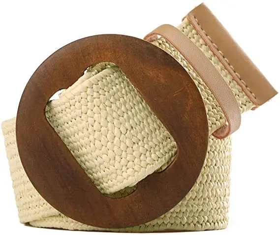 Плетеный эластичный пояс из соломы Женский облегающий для платья модный плетеный ремень с круглой деревянной пряжкой