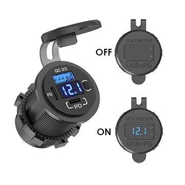 ON OFF Switch Control 3 Port PD USB Type C Car Fast Charger Socket With Voltage Display And Dust Cover