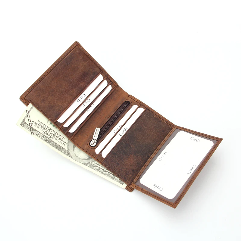 Custom Wallet Maker Mens Flip Side Wallet RFID Brown Crazy Horse Leather Wallet