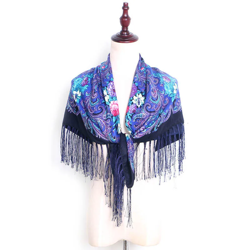 Top Selling Polyester Lurex Ladies Pashmina Russia Flower Printing Cotton Shawl Tassel Scarfs for Winter