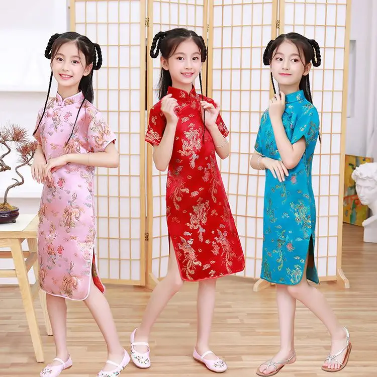 Cheongsam Kid Wholesale Summer Chinese Traditional Retro Style Teenage Kid Short Cheongsam Dress For Girls