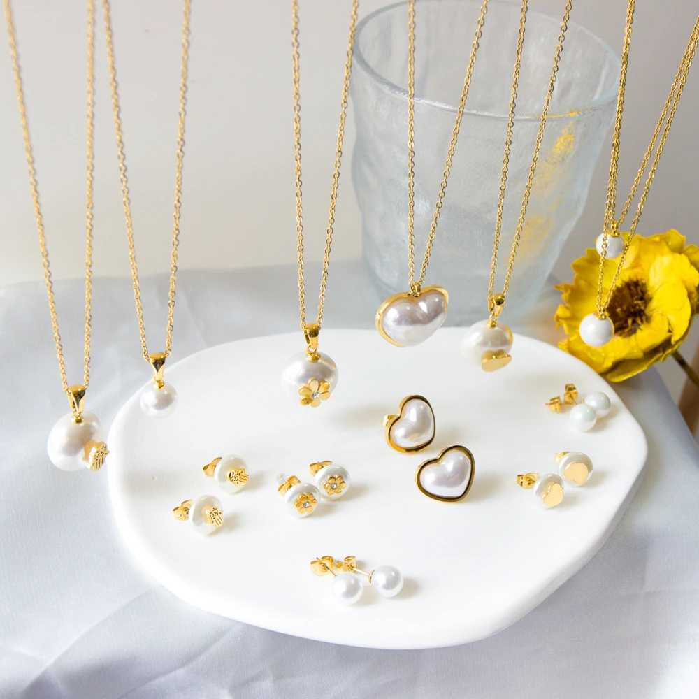 Good Price Fashion Stainless Steel Jewelry Set Fancy Heart Shape Stud Earrings Hypoallergenic Pearl Pendant Necklace
