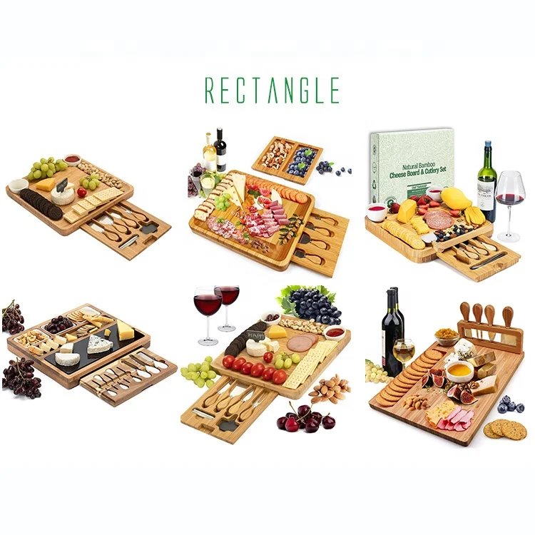 High Quality Round Thickened 9 inches Slide Out Drawer Personalized Small Cheese Board with 4 Knives Included