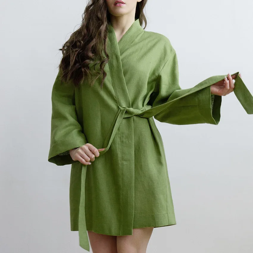 Kimono Robes 100% Cotton And Linen Solid Color Long-sleeved Cardigan Pajamas Outerwear Ladies Pajamas Home Clothes