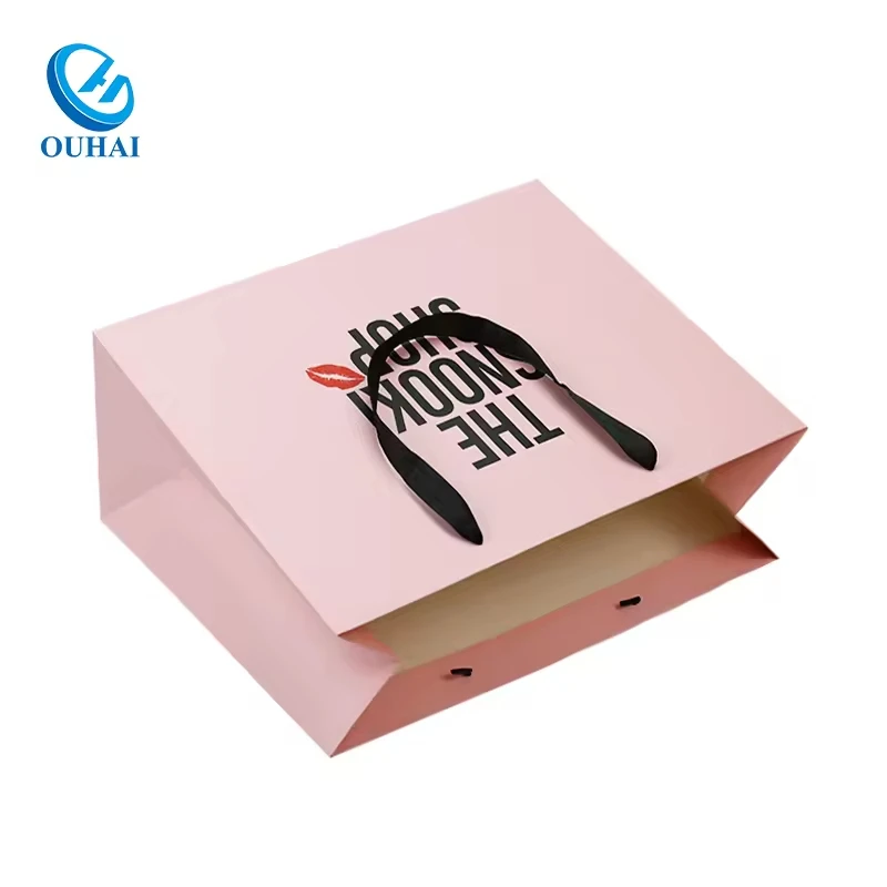 Eco-Friendly Materials Luxury Brand Custom Logo Boutique Pink Packaging Gift Paper Shopping Bag for Clothes