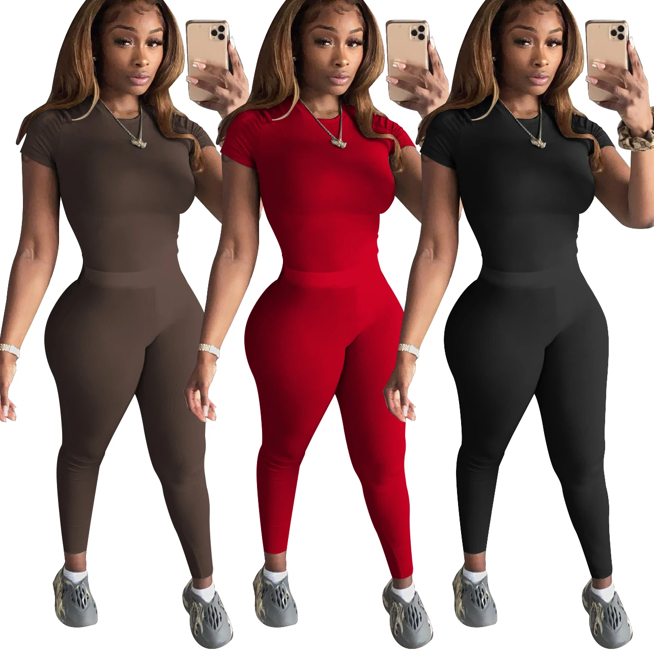 Wholesale 2021 Trendy Solid Color Slim Fit Loungewear Women Sets Sports Jogger Women 2 Piece Workout Sets Two Piece Bodysuit Set