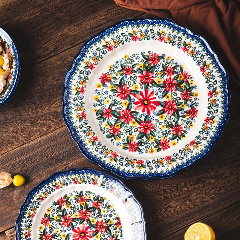 Ethnic Fancy Dubai Plates Sets Polish Style Retro Floral Salad Porcelain Bowl Dishes Ceramic Dinnerware Set