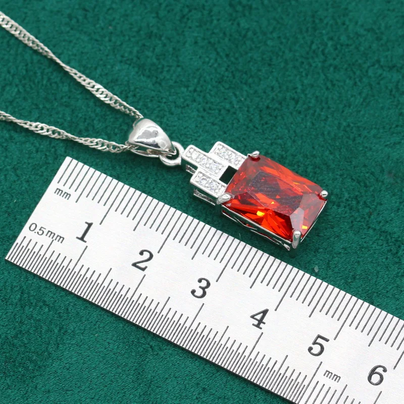 Geometric Silver Color Jewelry Set for Women Wedding Red Zircon Bracelet Earrings Necklace Pendants Ring Christmas Gift