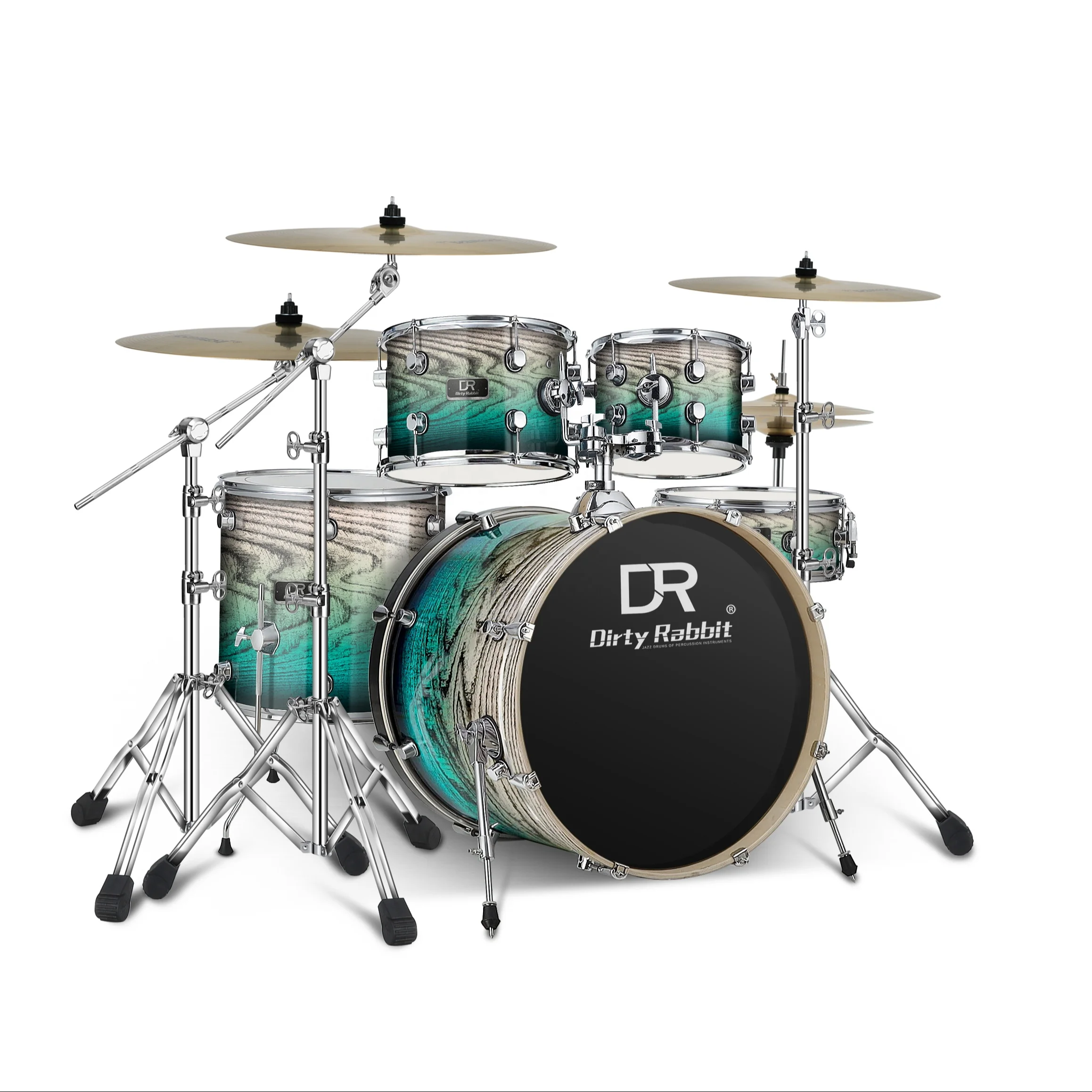 High quality professional drum set 5 drums 3 cymbals percussion instruments painted green for sale