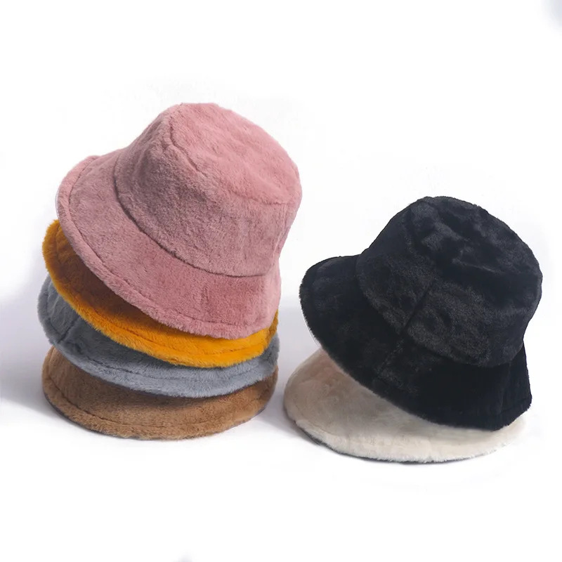 Unisex 23 Color Winter Plush Panama Caps Outdoor Warm Soft Furry Fisherman Cap Windproof Beach Hats Faux Fur Bucket Hats