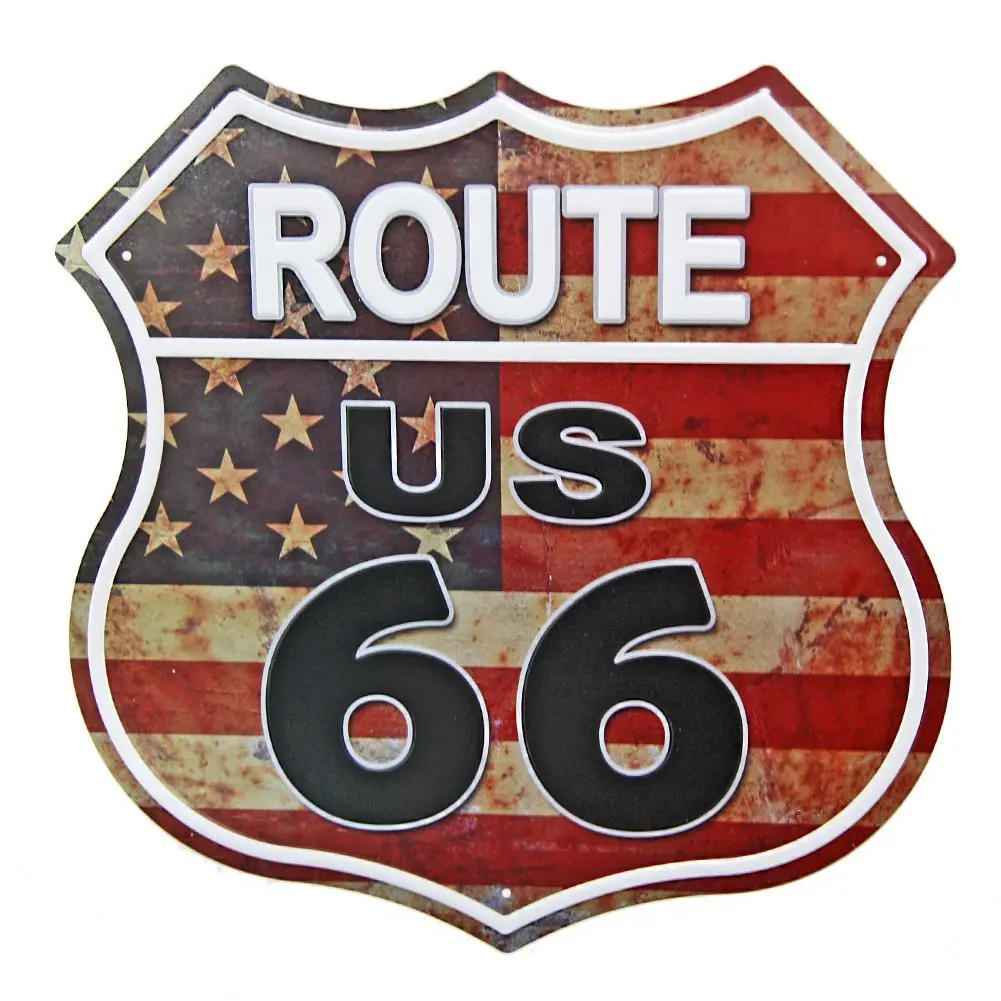 Wholesale route 66 metal wall art decoration 3d embossed Painted plaques vintage metal signs shield shaped Retro tin signs