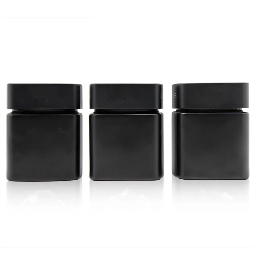 Matte black white Custom 1oz 2oz 3oz 4 Oz Child Proof CR Glass Jar smell proof container jars bottle with gold logo printing