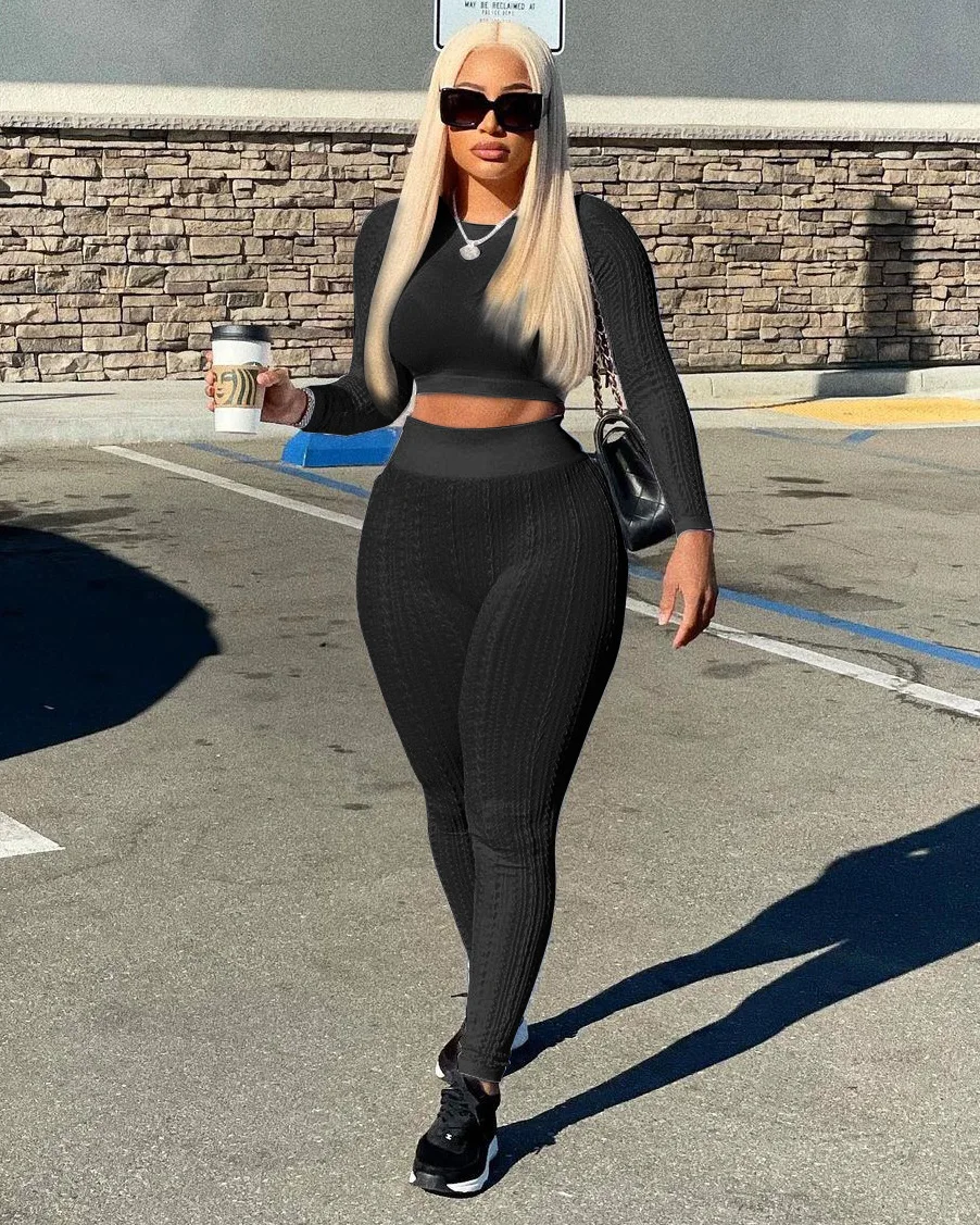 Fashion Plus Size Women Clothing Trendy Sweater Sexy Jogger Set Women Faux Fur Crop Top Tracksuit Sweatshirt Two Piece Pants Set