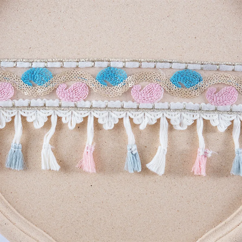Width 6-9 CM Cotton sequins ethnic pom pom trim Colorful Metallic ball broom fringe Tassel lace For curtain Garment Accessories