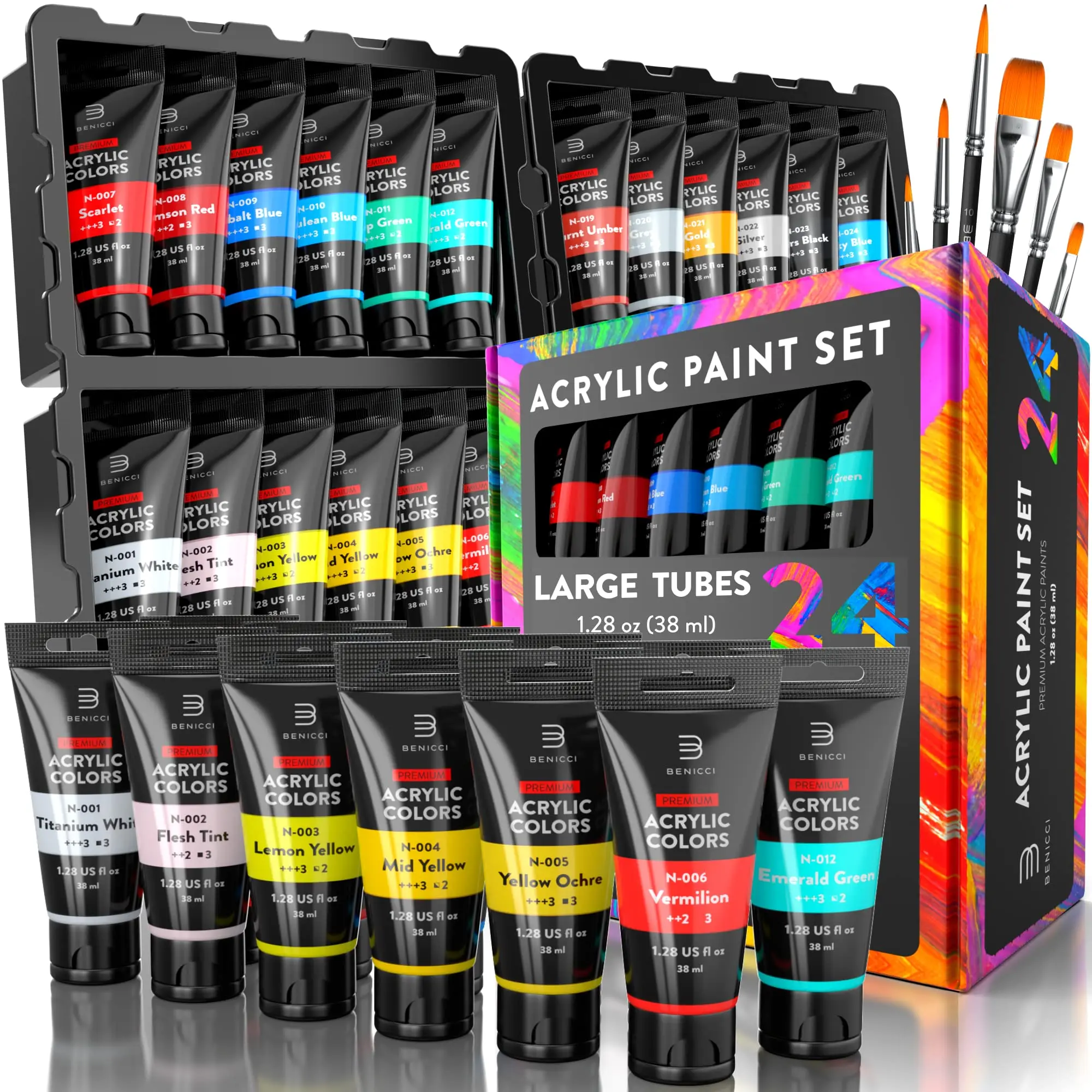 Premium Quality 24 Colors Multicolor Safety Acrylic Oil Paint Pigment Set with 6 Paint Brushes