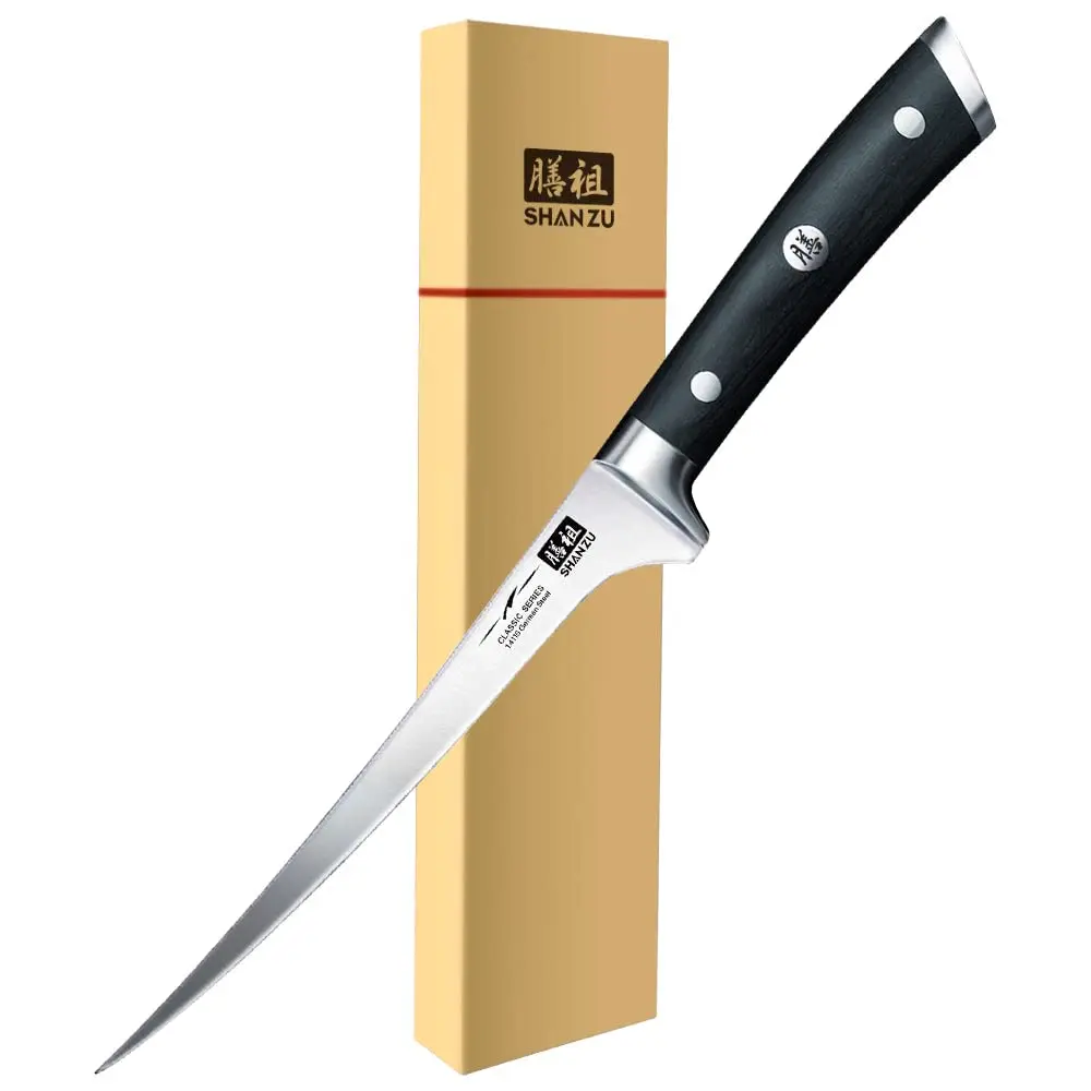SHAN ZU Knives High Carbon Steel 7 inch German Stainless Steel Razor Sharp Pakka Wood  Grip Kitchen Fillet Knife
