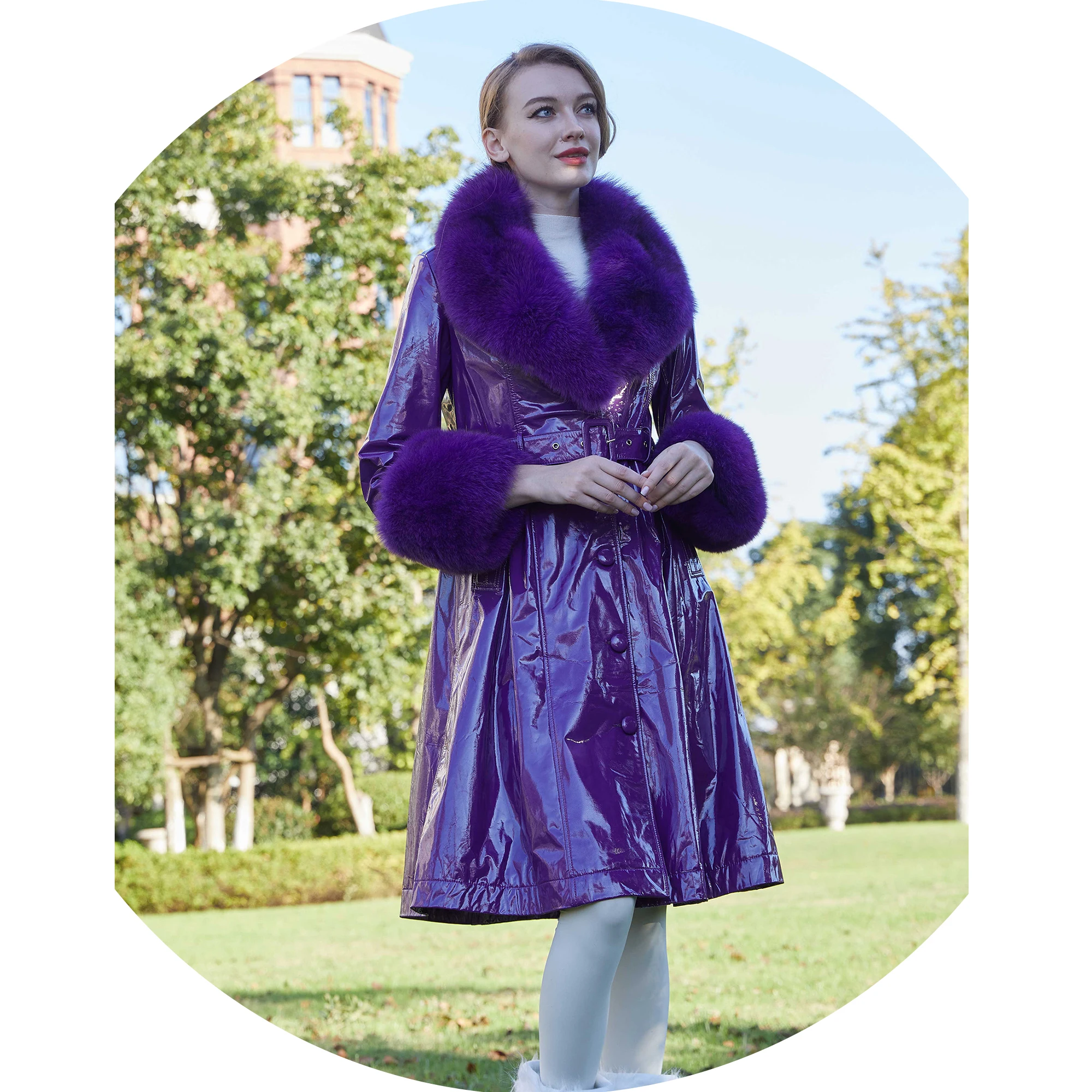 Hot Sale Ladies Long Trench Style Genuine Sheepskin Leather Fur Collar Jacket