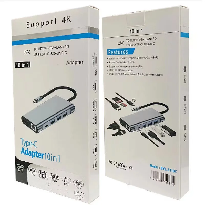 Прямая продажа с фабрики, док-станция десять в одном Type-C, usb C для сетевого порта VGA, Двойная зарядка PD HD hub3. 0 док-станция